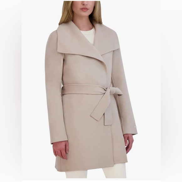 TAHARI Women’s Ella Double Face Wool Wrap Coat w/Tie Belt in Soft Almond Sz: XS - Picture 4 of 13